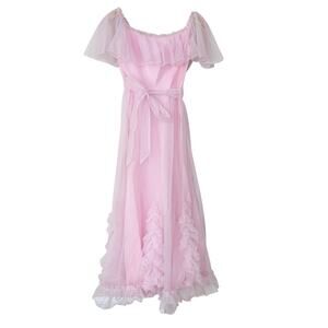 Vintage Pink Chiffon Ruffle Maxi Dress Sz S